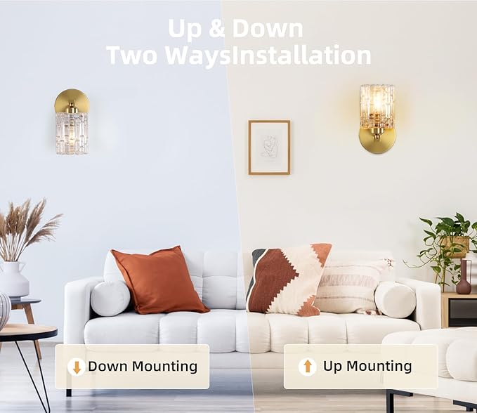 1-Light Modern Brushed Gold Crystal Wall Sconce, Hardwired Indoor Bathroom Vanity Light Fixture, Crystal Over Mirror Wall Lamp for Living Room, Bedroom, Hallway