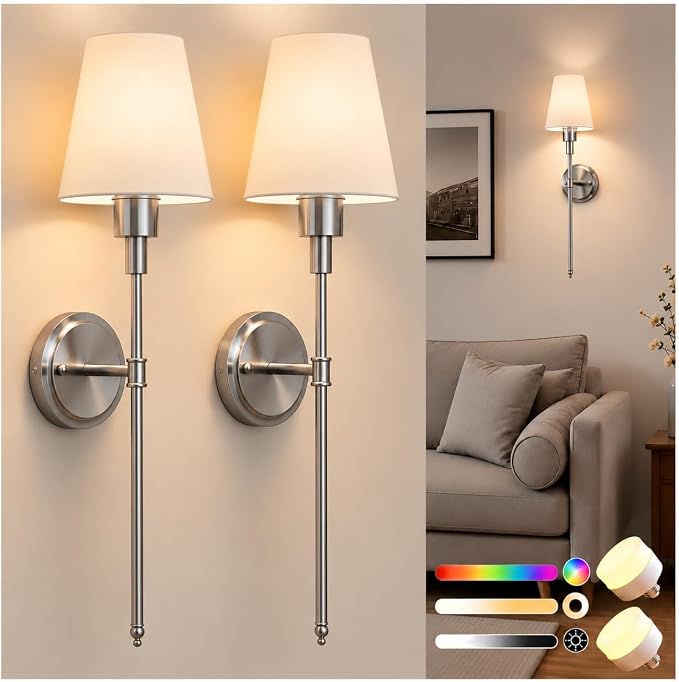 Battery Operated Wall Sconce: Set of 2 Wireless Wall Light 12000mAh | 15 Color Rechargeable Wall Sconces, Sconce Wall Decor Set of 2 for Bedroom, Living Room, Nickel, 24.6in