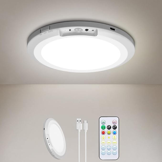 Rechargeable Ceiling Light with Remote, 10000mAh, 1 Pack | Battery Operated Shower Light, Motion Sensor Closet Light, 5 Timer 3 Modes 3 Color 10 Brightness, for Home Stairs Landry