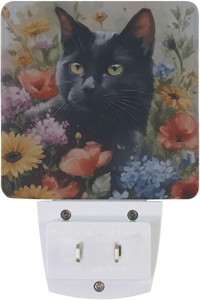 Black Cat with Flower Night Light Dusk to Dawn Sensor LED Night Dimmable Nightlight Lights Plug into Wall for Living Room
