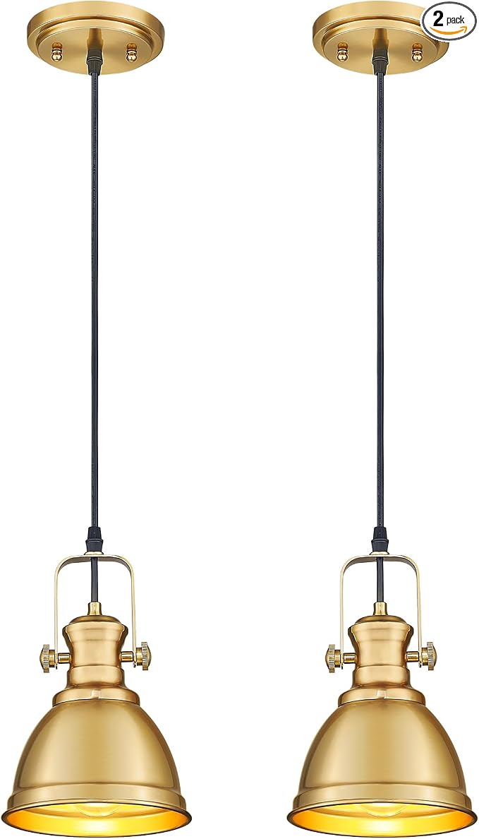 2 Pack Pendant Lights Kitchen Island, Farmhouse Hanging Lights Fixtures with Metal Shade, Rustic Kitchen Pendant Lighting Over Island for Dining Room, Brushed Gold, AD-2151-1P2-GD