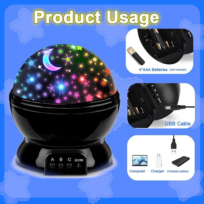 Night Light for Kids, Room Decor for Boys, LED Projector, Rotation Night Light Projector, USB or Battery Operated Star and Moon Lights, Change Color Star Lights (Black)