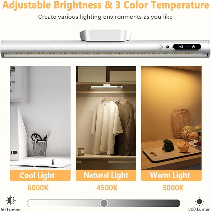 Battery Powered Operated Wall Strip Light with Motion Sensor | LED Light Bar, Rechargeable Magnetic Under Cabinet Lighting Wireless with Remote Control for Desk Mirror Closet Silver