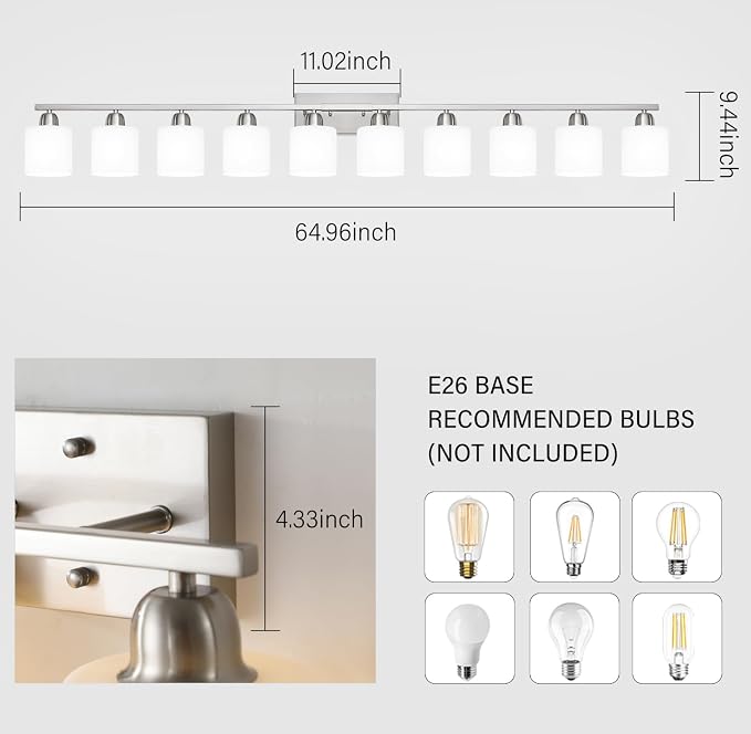 Brushed Nickel Bathroom Sink Lighting Fixtures for Giant Mirror, Anti-Rust Finish 65 inch 10 Light Bathroom Vanity Light Fixtures Modern with Milky White Frosted Glass