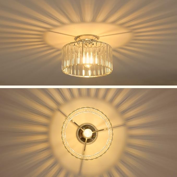 Crystal Ceiling Light Fixture, Chrome Close To Ceiling Light Fixtures, Modern Semi Flush Mount Ceiling Light, Hallway Lighting Fixture Chandelier for Bathroom Bedroom Porch Kitchen Living Room, 11in