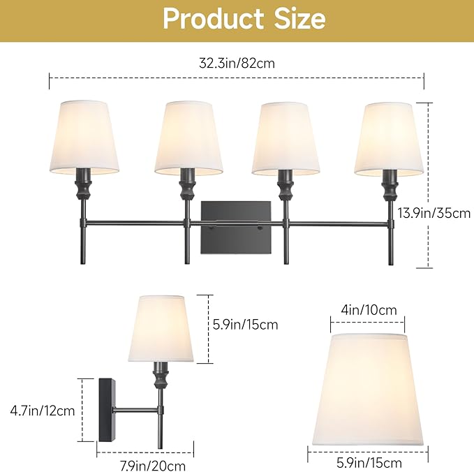 Black Bathroom Vanity Light 4 Light，32.3In Vintage Bathroom Light Fixtures Over Mirror,Hardwired Vanity Wall Sconce with Flared White Fabric Lampshade for Bedroom,Living Room,Foyer,E12 Base