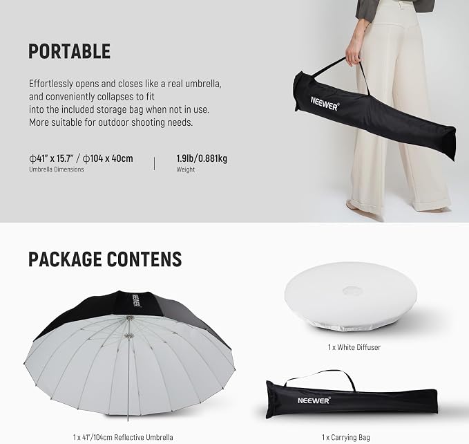 NEEWER 41"/104cm Parabolic Reflective Umbrella Photography with White Inner, Soft Lighting with Diffuser Cover, Bag, Quick Fold for Camera Photo Studio Video Light Shooting Monolight Flash, NS1U
