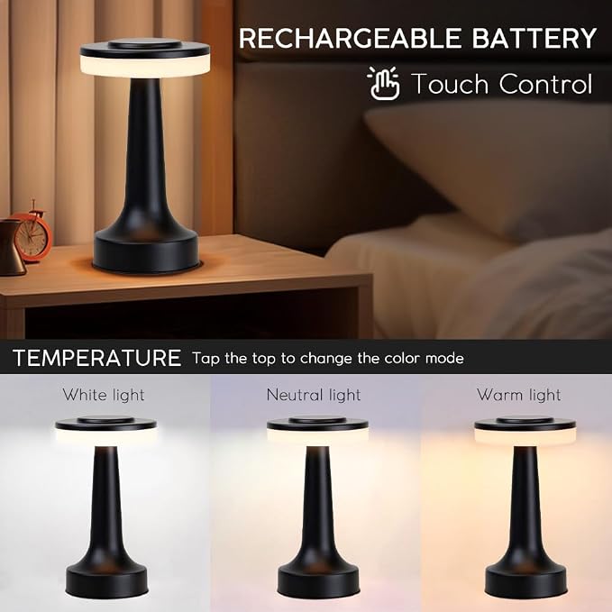 JHPGEOE Cordless Metal Desk Lamp, Touch Sensor Control LED Table Lamp,3 Color Stepless Dimmable Battery Powered Lamp for Living Room, Dorm, Home Office (Black)