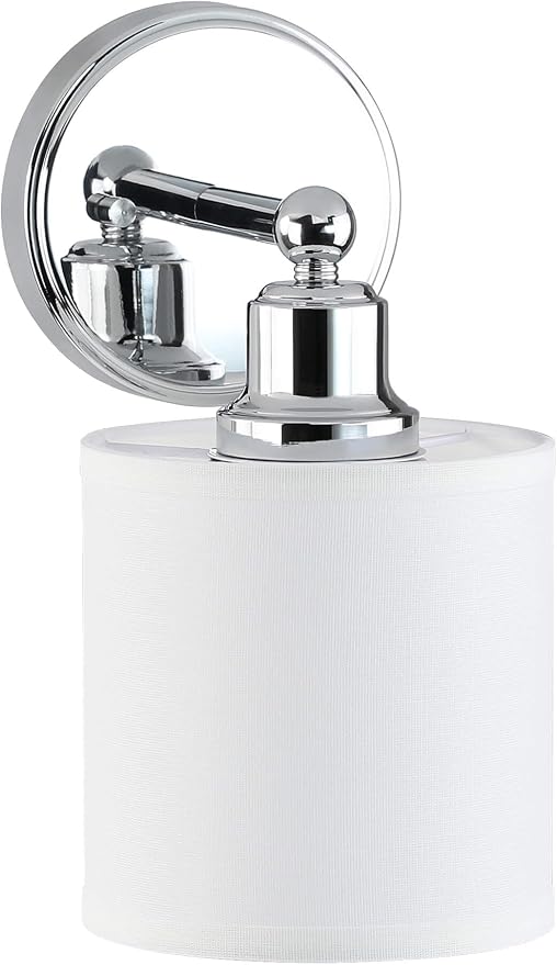 XiNBEi Lighting Chrome Bathroom Wall Sconce 1 Light with Drum Fabric Shade | Modern Single Vanity Light Fixture Next to Mirror, Wall Light For Bath Bedroom Living Room Kitchen Hallway Foyer