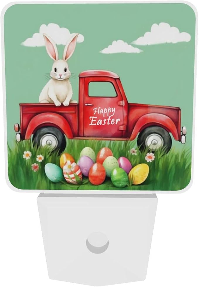 Rabbit in The Truck Easter Bunny LED Plug-in Night Lamp 2 Piece Set, Summer Sunset Nightlights Set of 2 for Bedroom Kitchen