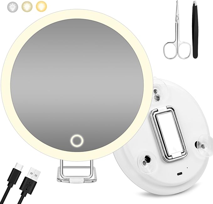 Magnifying Mirror with Light 30X, , Large 6" Rechargeable 3 Colors Modes Dimming Lighted Makeup Mirror with 30X Magnification, LED Travel Magnified Mirror with 3 Suction Cups and 360° Table Stand
