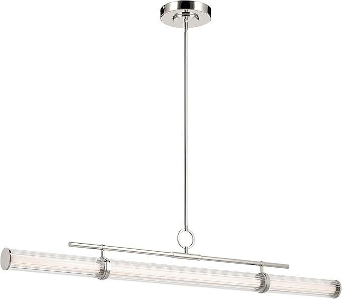 Kichler Riven LED 1-Light Linear Chandelier with Clear Fluted Glass in Polished Nickel, Sloped Ceiling Compatible, for Kitchen or Dining Room (9.5" x 8" x 60.25"),