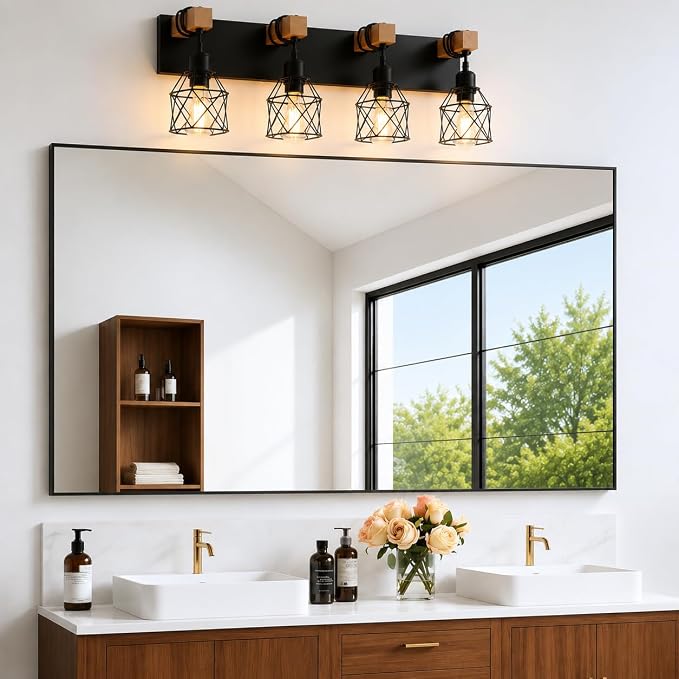 Farmhouse Vanity Light Fixture,4-Light Bathroom Lighting,Black Industrial Wood Wall Light Over Mirror with Metal Shade,LED Bulbs Not Included