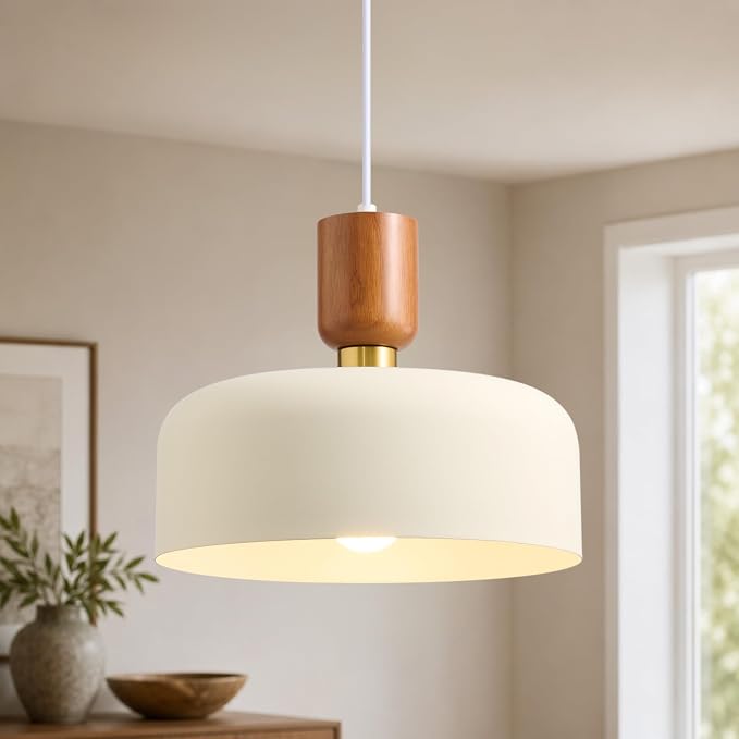12" Mid Century Modern Pendant Lights, Cream White Shade, Wood Brass Accent | Rustic Farmhouse Over Table Kitchen Island Chandelier, Nordic Hanging Ceiling Lighting for Dining Room Bedroom Foyer Entryway