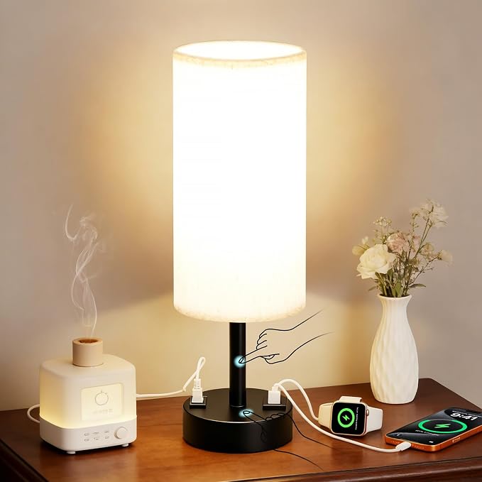 MOICO Bedside Lamp with 2 USB Ports and 1 AC Outlet, Table Lamp with Grey Linen Fabric Shade and Stable Metal Base, Nightstand Lamp for Bedrooms, Living Room, Kids Room, Dorm, Office