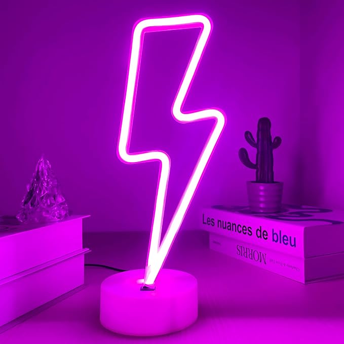 Lightning Bolt Neon Sign Purple With Base for Bedroom, USB/Battery Thunder Lamp Night Light, LED Shaped Decor for Desk Table Game Room Man Cave