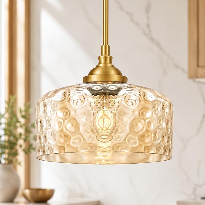 Daunton Gold Farmhouse Hammered Glass Kitchen Pendant Lighting Over Island | Height adjustable hanging light fixture kitchen, 90-degree swivel, 2-in-1 ceiling light and pendant light, E26 bulb base