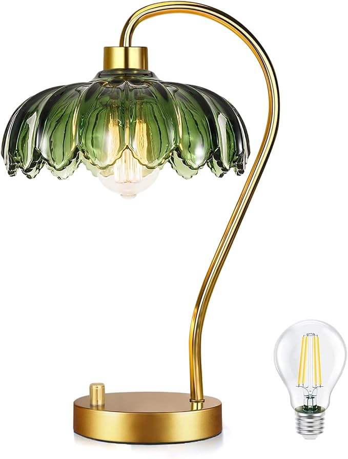 ILLMTW Flower Table Lamp for Bedroom Living Room,Small Gold Bedside Lamps Dimmable Boho Bedroom Lamp with Glass Green Lamp Shade,Vintage Mid Century Modern Mini Nightstand Lamp