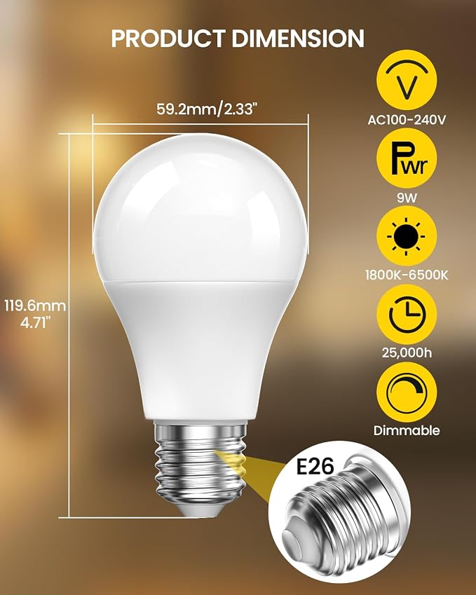 E26 LED Light Bulbs with Remote Control, Amber Light Bulbs 9W 60W Equivalent Warm Light Bulbs, 1800K-6500K Dimmable Remote Control Bulb for Bedroom, Nursery, Reading & Sleep Health, 1Bulb & 1Remote