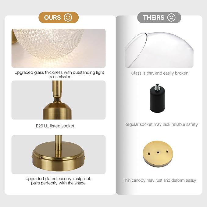 Glass Semi Flush Mount Ceiling Light Fixture, Gold Vintage Globe Lamp, Sloped Ceiling Adaptable, for Hallway, Kitchen, Bedroom, or Entryway, Modern Farmhouse Style Light for Dining Room