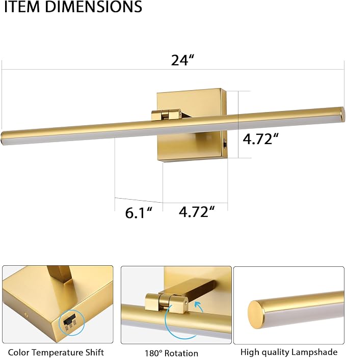 LED Bathroom Vanity Light, Modern Bathroom Light Fixture Over Mirror (3000K/4000K/6000K, Dimmable), Vanity Light Bar with Angle Adjustable, 24 Inch, Brass