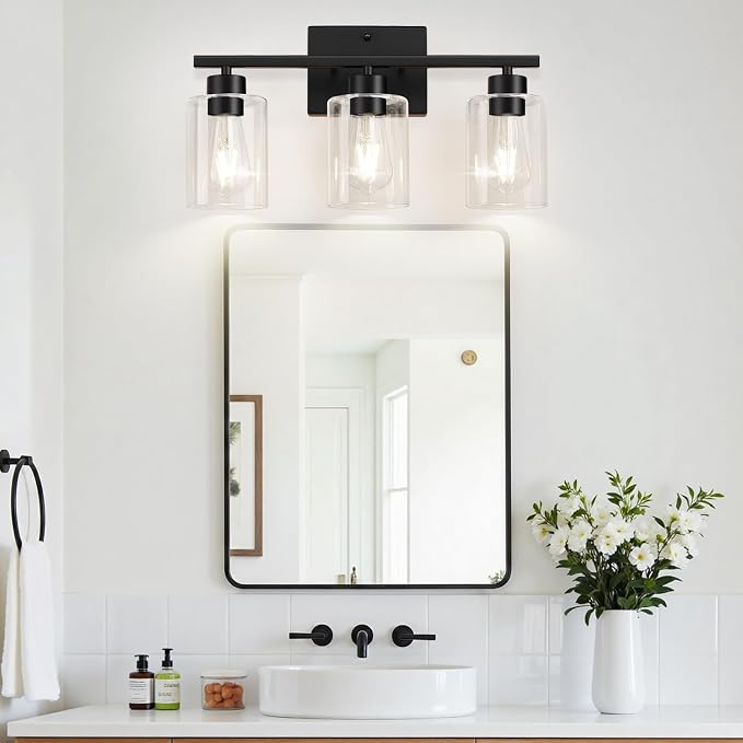 Black Bathroom Light Fixtures with Clear Glass Shades, Modern 3 Light Vanity Lights for Bathroom, Vanity Lights with E26 Socket (Bulbs Not Included), for Mirror, Bedroom, Hallway