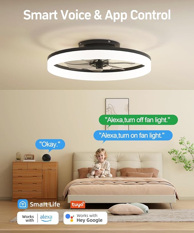 Smart Ceiling Fans with Light and Remote,20" Low Profile Ceiling Fan with 6-Speed & Dimmable LED, Alexa/APP Home Voice Control, App, Reversible Airflow, App Timer, for Bedroom（Black）
