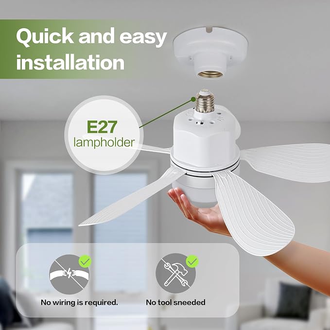 Socket Fan Light with Remote Control, Portable Small Ceiling Fans with Lights for Bedroom, Kitchen, Living Room, with Dimming Function, 1000 Lumens, Screws into E26/E27