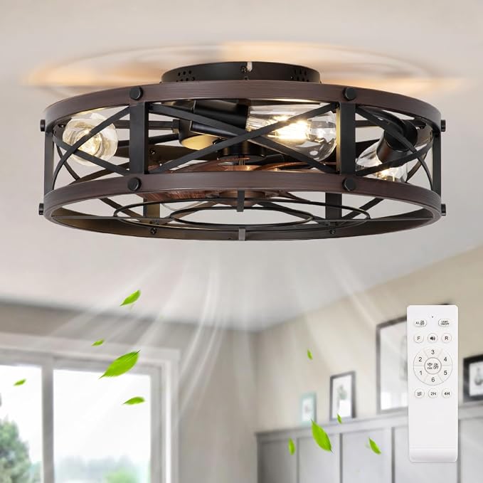 SHLUCE 19" Caged Low Profile Ceiling Fan with Light, Farmhouse Small Flush Mount Ceiling Fans with Lights and Remote, Rustic Bladeless Ceiling Fan with Light for Bedroom, Kitchen, Brown - ETL
