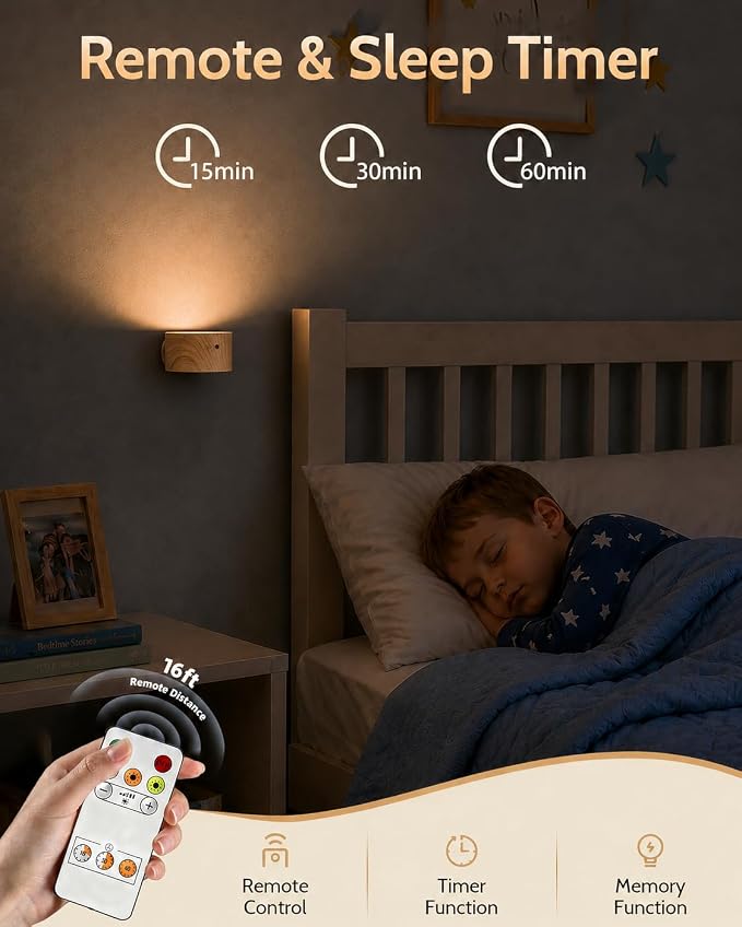 LED Wall Mounted Lights, Rechargeable Wall Sconces, 3 Color Temps, Remote & Touch, 360° Rotating and Dimmable for Bedroom, Bedside & Reading (Wood, 3Pack)