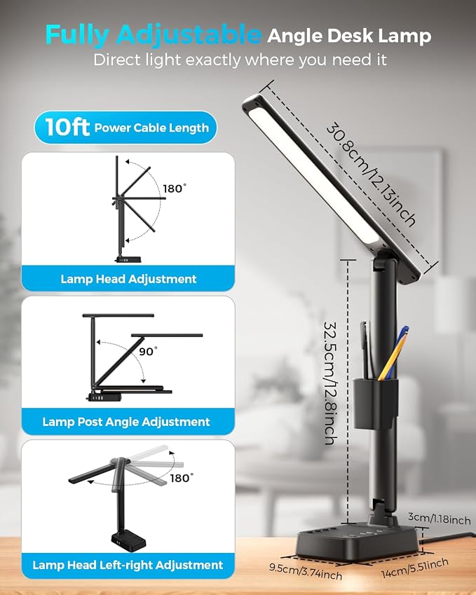 LED Desk Lamp with Power Strip, 3 AC Outlets, 4 USB Ports, Stepless Dimming | 2800K-6500K Color, 2 USB-C, Foldable Design, Timer & Memory, Study, Home Office & College Dorm, 10FT