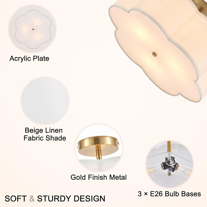 18" Modern Gold Drum Ceiling Light, 3-Light Semi-Flush Mount | Linen Drum Shade, Gold Metal Frame, Modern Style for Laundry Rooms, Kitchens, Basements, Dining Rooms, and Bedrooms, E26 Base