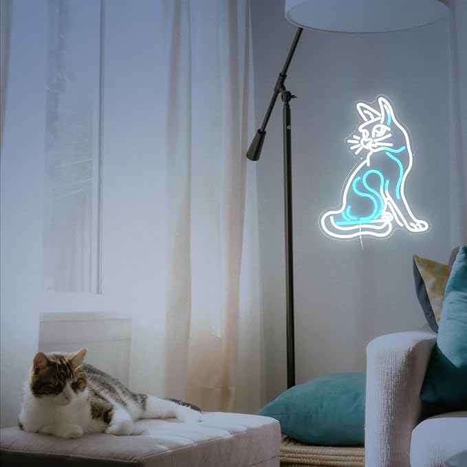 Dimmable Cat Neon Sign White Ice Blue Cat Neon Light Led Cat Light Up Sign for Wall Decor USB Powered Neon Light Cat Sign for Pet Shop Bedroom Cat Cafe Art Room Cat Lover Gift(16.5"*13"）