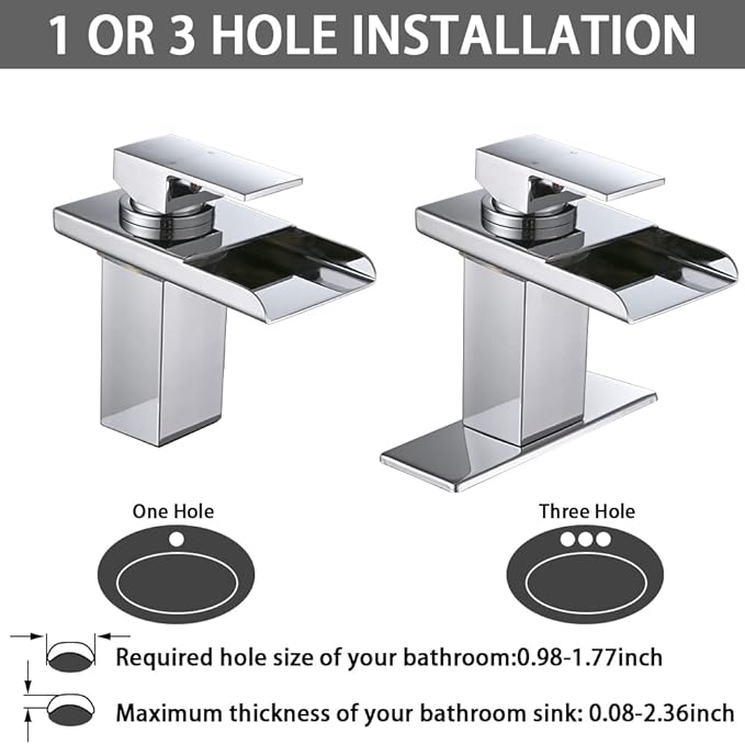 LED Bathroom Sink Faucet, Brushed Nickel Waterfall Single Hole Handle Vanity Faucets for Sinks 1 Hole with Metal Pop Up Drain and 2 Water Supply Lines, Stainless Steel Spout
