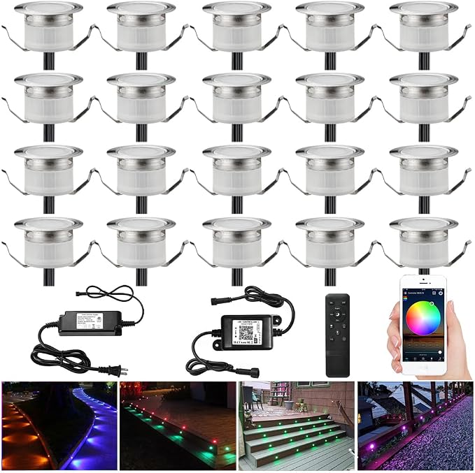 20 Pack 1.22 Inch Smart LED Deck Lights, Low Voltage RGB Outdoor Lighting | Recessed 12V IP67 Waterproof, APP Control, Compatible with Alexa & Google Home, for Patio Stair Steps Landscape Decor