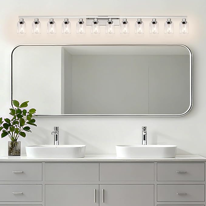 Brushed Nickel Bathroom Vanity Light, 12 Light Brushed Nickel Bathroom Lighting fixtures Over Mirror, Brushed Nickel Bathroom Vanity Lights Wall Lighting for Mirror Bedroom, Living Room