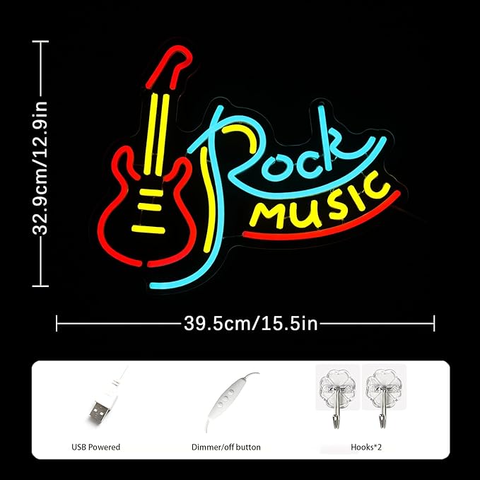 Rock Music Neon Sign for Wall Decor Dimmable Neon Light Signs Guitar Shape LED Neon Signs for Bar Rock Music Fans Game Room