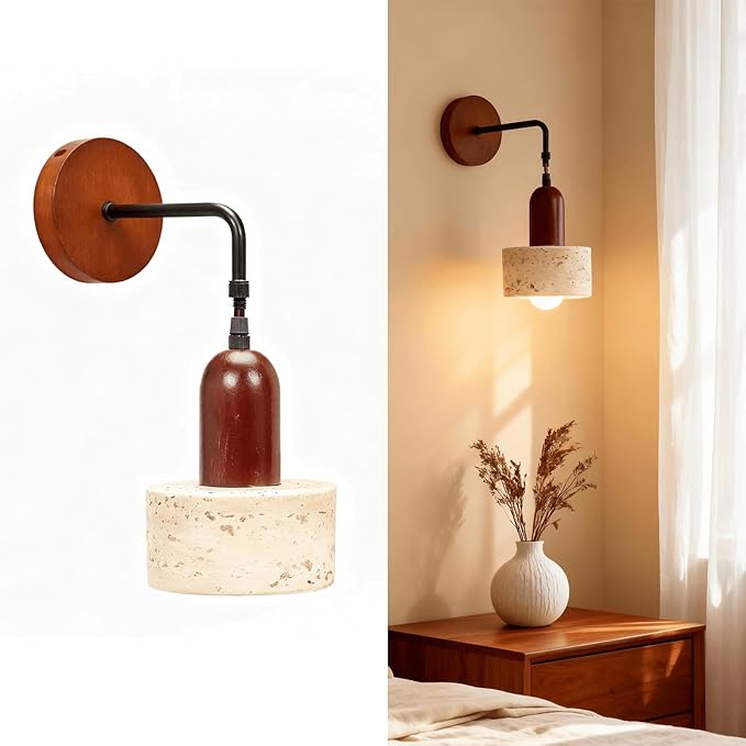 Faux Travertine Wall Sconce, 4.7" Hardwired Wall Mounted Light, Adjustable Height Mid Century Modern Marble Lamp for Bedroom, Bedside, Reading (E26 Bulb Not Included)