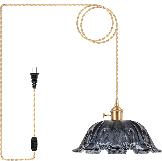 Plug in Pendant Light Fixtures,Hanging Light Fixture Corded On/Off Switch,10.6in E26 Blue Glass Lampshade Pendant Lighting for Kitchen Island, Bedroom, Dining Room