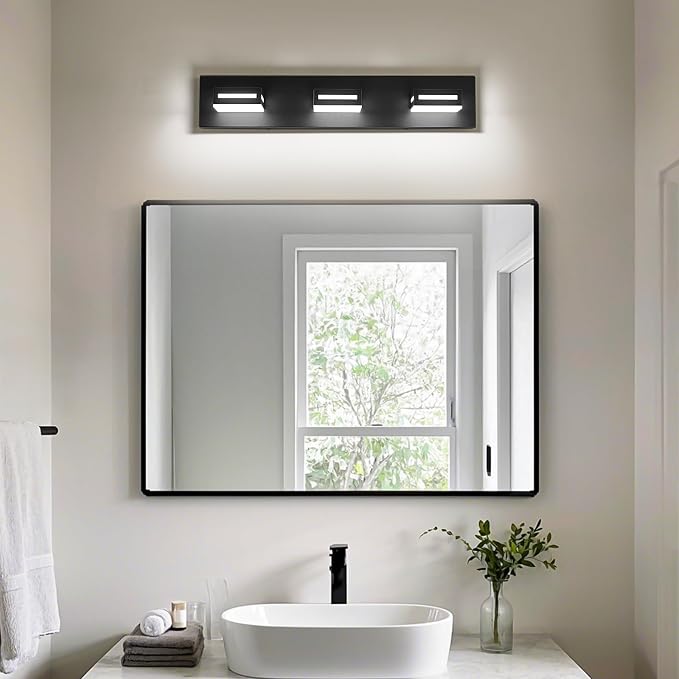 LED Modern Bathroom Light Fixtures, 3-Light 24-Inch Matte Black Vanity Lights for Bathroom Lighting Fixtures Over Mirror, 6000K Cool White 350° Rotatable Wall Lamp