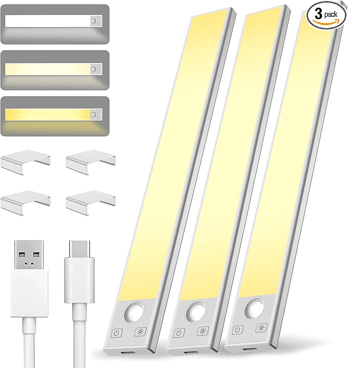 Under Cabinet Lighting 12 inch Rechargeable Battery Operated Motion Sensor Light Wireless Under Counter Lights for Kitchen, Stairs,Hallway (3 Pack)