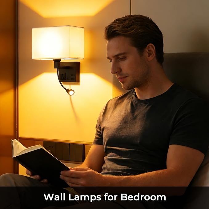 Plug in Wall Sconce, Bedside Wall Lamp for Bedroom with AC Outlet & USBA+C Charging Port, Wall Mounted Reading Light with 360°Adjustable, Black Headboard Lamps with 3 Color Temperature