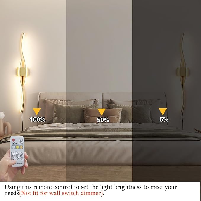 Daunton Modern Gold Plug in Wall Sconces Set of Two, RC Dimmable LED Plug in Wall Light, Wall Lamps with Plug in Cord for TV Wall Sconces, Gold Sconce Wall Lighting for Living Room, Hallway, Bedroom
