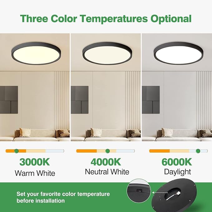 15.8Inch 6PK Black LED Flush Mount Ceiling Light, 32W, 3480LM, 3CCT | 3000K/4000K/6000K CCT Selectable, Black Close to Ceiling Round Flat Panel Light, Super Slim LED Ceiling Light for Bedroom