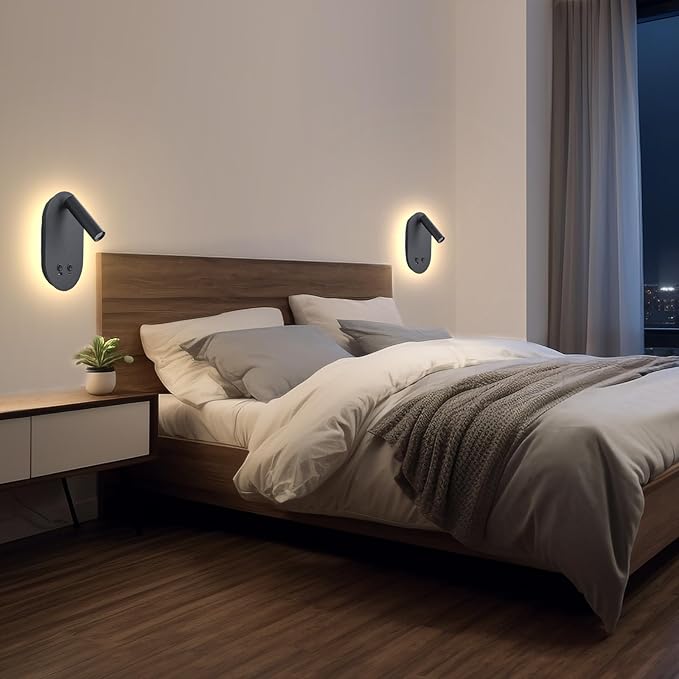 Wall Lamp Plug in Hardwired 2 in 1 Wall Sconces, Wall Mounted Reading Light with USB Type C Ports, Adjustable Bedside Headboard Spotlight, Bedside Lamp with 9W+3W Night Light 3000K (Black)
