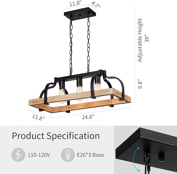 WUZUPS 3-Light Metal Pot Hanging Rack Chandelier Imitation Light Wood Grain Linear Pendant Ceiling Lighting Rustic Farmhouse Fixture Kitchen Island Dining Room, H 9.8" L 24.8" W11.8, E26 Base, Black