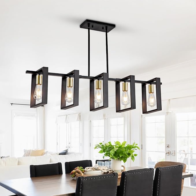 Farmhouse Kitchen Island Lighting Black Dining Room Lights Ceiling Hanging Rustic 5 Lights Wood Chandelier Light fixtures 41.3" Height Adjustable