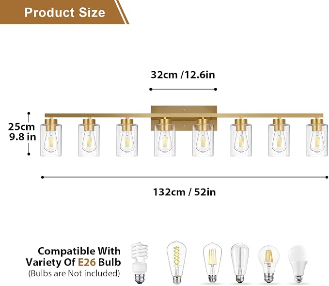 IZORRO Modern Bathroom Light Fixtures, 8 Light Gold Vanity Lights, Bathroom Lighting Fixtures Over Mirror with Clear Glass for Living Room Cabinet Bedroom