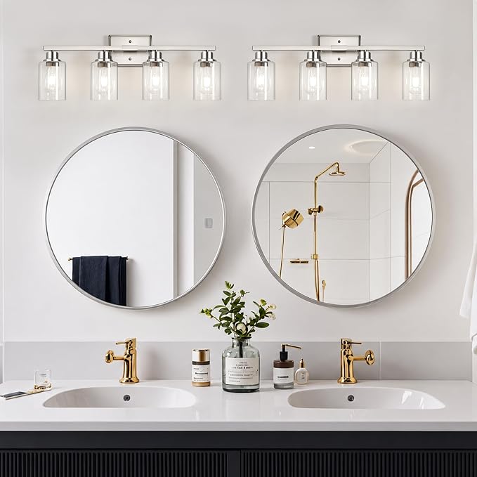Modern Brushed Nickel Bathroom Light Fixtures, 4-Light Vanity Lights Over Mirror with E26 LED Bulbs Included, Wall Sconce with Clear Glass Shades for Living Room Bedroom Hallway Kitchen