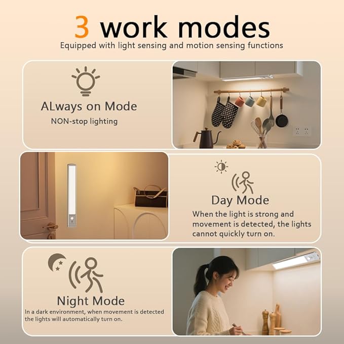 2 Pack Motion Sensor Under Cabinet Lights, 52 LED Rechargeable Closet Light with 3 Color Temps & Stepless Dimming, 1500mAh High Capacity Wireless Magnetic Light for Kitchen, Pantry, Wardrobe